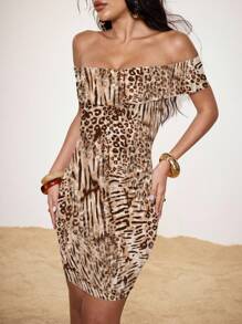 Shutterstock Glamance 女式豹纹露肩紧身连衣裙豹纹连衣裙豹纹连衣裙猎豹印花连衣裙动物印花连衣裙露肩豹纹连衣裙 Y2K 2000 年代返校俱乐部服装女士性感