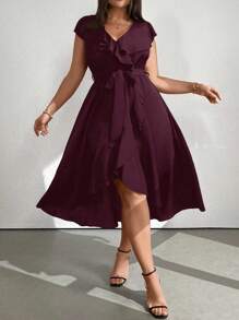 SHEIN Clasi Vestido de fiesta con cuello en V y ribete de unicolor talla grande, estilo outfit para mujer - Burdeos - Ver 2