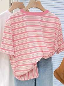 SHEIN Colorful Striped Digital Print & Heart Embroidery Plus Size Women T-Shirt