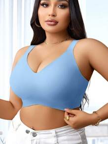 NudeFit Áo ngực không dây họa tiết thạch liền mạch cỡ lớn dành cho nữ, hỗ trợ mềm mại, có đệm nâng ngực - Màu xanh lam - Xem 4