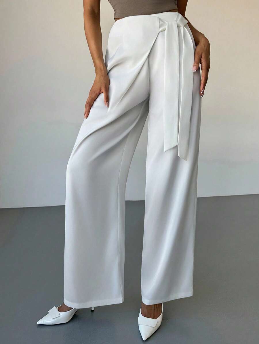 Firerie Women's Elegant Loose Straight Leg Pants, Satin Fabric, Tie Waist, Versatile Casual/Business Wear, Fall, Back To School, Old Money Style, Office - White - View 1