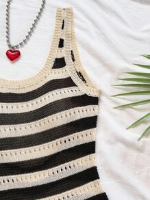 Soleia 杏色 & 黑色撞色条纹镂空波西米亚浪漫花卉度假针织连衣裙