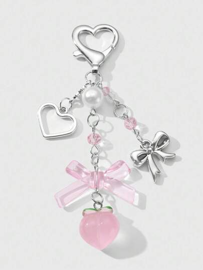 Kawaii 1 pieza Elegante llavero/accesorio de moda con forma de corazón hueco de estrella de plata minimalista, lazo de resina, perla falsa y melocotón, accesorio adecuado para uso diario o como regalo para mujeres