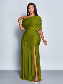 SOLERSUN Spring And Summer Plus Size Women's Sexy Party Casual Vacation Brown Shiny Fabric One Shoulder Gathered Off-Shoulder Collar Front Slit Ruffle Knitted Long Skirt - Green - View 5
