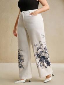 Anewsta Casual Loose Fit Wide Leg Ink Print White Denim Pants, Versatile For Autumn/Winter - White - View 3