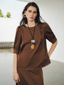 Uhlyne Women's Satin Silk Like Vacation/Office Wear Loose Fit Round Neck Back V-Neck 3/4 Sleeve Top And Mermaid Hem Skirt 2-Piece Set,Coffee Brown,Caramel,Easy Care,Autumn,Minimalist,Work Wear,Teacher Outfits,Back To School,Fall ,Neutral Clothes,Business Casual,Old Money Style Brown Two Piece Set Women Brown Satin Two Piece Set Brown Silk Two Piece Set Maillard Style Casual Outfits Spring - Coffee Brown - View 5