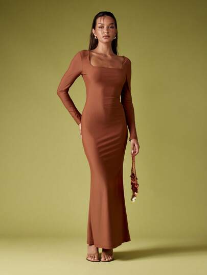 red long sleeve flowy dress Designer Floor Length Dress | Long Cocktail Dresses