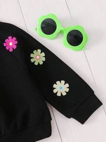 Emery Rose Kids Emery Rose Kids 女宝宝宽松休闲舒适圆领长袖花卉印花卫衣和裤子套装 - 黑色 - 查看 6