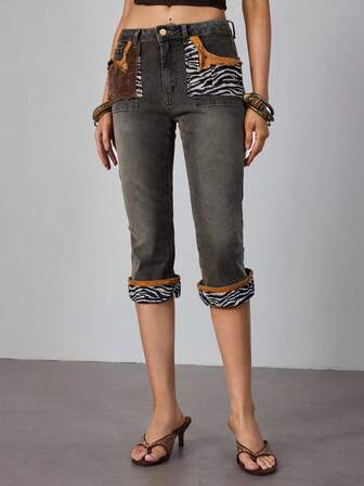 J-Fashion Jeans a vita bassa con vita alta, orlo a polsino con motivo a patchwork in zebre prent per donne