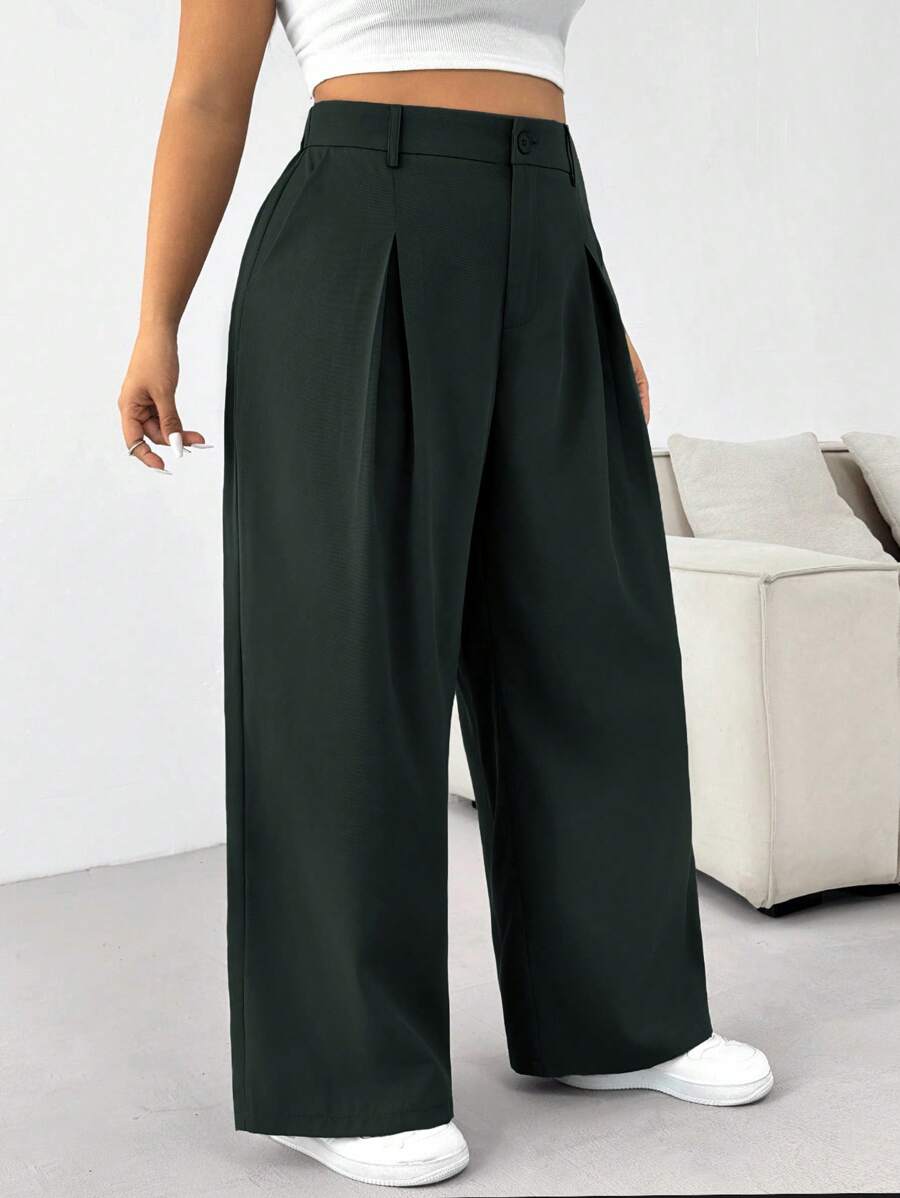 SHEIN EZwear 大码女式休闲纯色褶皱宽松阔腿裤 - 深灰色 - 查看 1