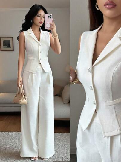 SHEIN Raffinéa 时尚百搭通勤无袖背心夹克上衣，收腰开衩设计，高腰直筒裤，米色女式两件套西装，优雅的春秋季商务休闲装