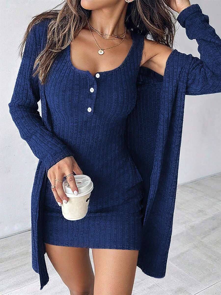 SHEIN 女士性感两件套蓝色连衣裙,秋冬 - 藏蓝色 - 查看 1