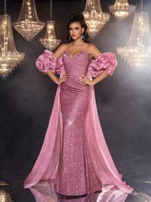 Glamrae 优雅奢华深粉色金属丝不对称领口泡泡袖亮片开衩鱼尾女士正式晚礼服 - 淺粉色 - 查看 8