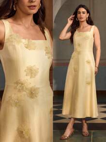 ZEYLAH Vestido de cuello cuadrado con detalle de flor estéreo - Verde - Ver 7