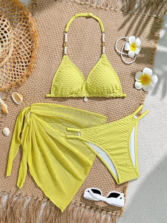Ensemble bikini 3 pièces pour préadolescentes, Top triangle blanc avec décolleté et bas avec décoration de perles, maillot de bain élégant et décontracté à la mode, convient pour la natation, les vacances, l'été