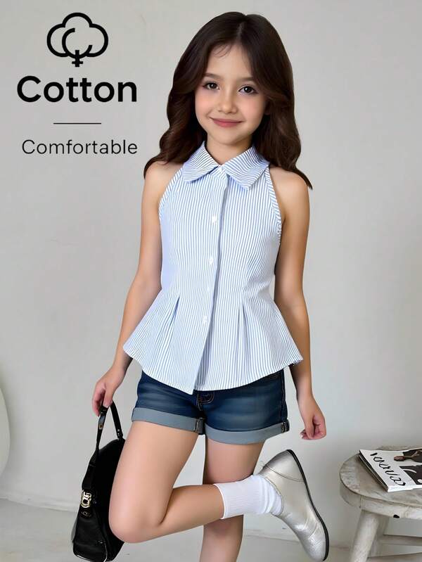 Parte superior con botones y líneas plisada de estilo formal-casual con cuello para niñas preadolescentes