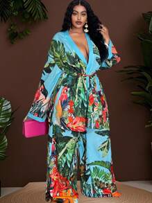 Veslaya 2025 春夏新品音乐节、复活节、西部、波西米亚风、纳什维尔、生日派对、毕业典礼、学生、日常休闲、多功能、休闲、度假、邮轮、海滩、日光浴休闲度假蓝绿色长袖开衫。热带花卉和植物印花宽松上衣/松紧腰裤大码女式两件套 - A - 綠色 - 查看 1