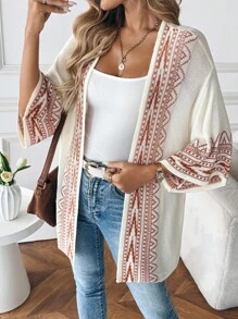 SHEIN Tall 女式条纹落肩宽松轻便开衫 - 卡其色 - 查看 1