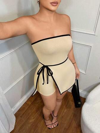 SHEIN SXY Bottom de mujer con cintura con lazo lateral y contraste de color casual para negocios