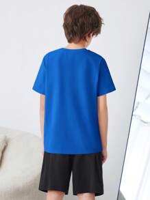 SHEIN Leap Crew Tween Boys' Casual Letter Print Short Sleeve T-Shirt And Shorts 2 Pieces Sleepwear Set, Loose Fit & Breathable For Summer - Royal Blue - View 3