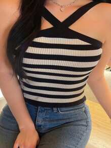 Dazy Plus 条纹弹力紧身露背无袖针织短款上衣 - 黑色 - 查看 1