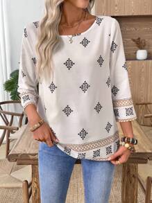 EMERY ROSE Áo sơ mi nữ cổ tròn tay 3/4 họa tiết hoa thường ngày - Màu Khaki - Xem 6