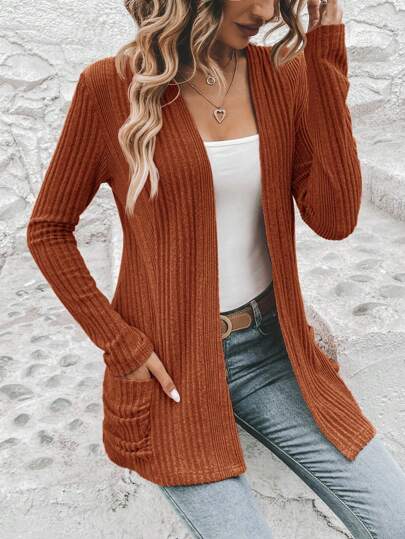 SHEIN LUNE 女式休闲纯色长袖罗纹开襟常规夹克