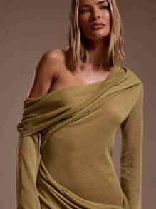 MUSERA 褶皱不对称肩部长袖垂褶长款连衣裙，适合度假、性感、海滩、浪漫、优雅场合，如生日、波西米亚风、拉菲草编发、圣诞节、秋冬季、婚礼宾客等。