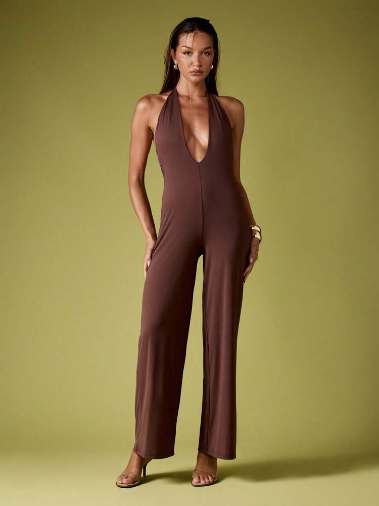 MISSGUIDED Halter Neck Plunge Jumpsuit Wide Leg Evening Party Full Length Wedding Guest Occasion Formal Holiday Resort Cruise Wear Elegant Summer Sleeveless Open Back