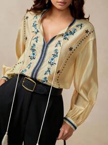 Florisole Camisa de manga linterna con bordado de flor, elegante para ir al trabajo - Amarillo - Ver 4