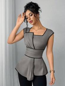 SHEIN Clasi 女士时尚不对称下摆短袖衬衫 - 灰色 - 查看 5