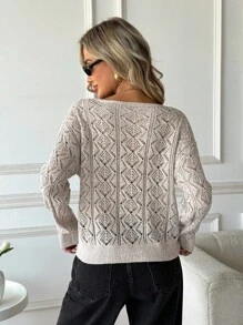 SHEIN LUNE 女士休闲纯色镂空针织毛衣针织套头衫秋冬 - 杏色 - 查看 2