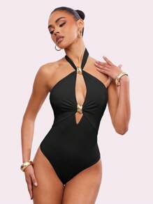 Hauture Body de oficina sexy casual simple doble dorado con adorno, para salir