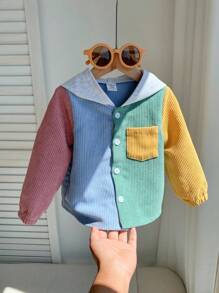 SHEIN 1 件男婴休闲灯芯绒拼布连帽外套，适合秋冬夏季 - 彩色 - 查看 6