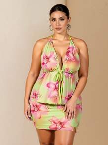 SHEIN BAE 大码女式花卉印花系带露背上衣和紧身迷你裙两件套，度假风格海岛度假装，返校女童服装，女童夏装，秋装，校服，万圣节，冬季，Y2k 服装，复古，度假装女士