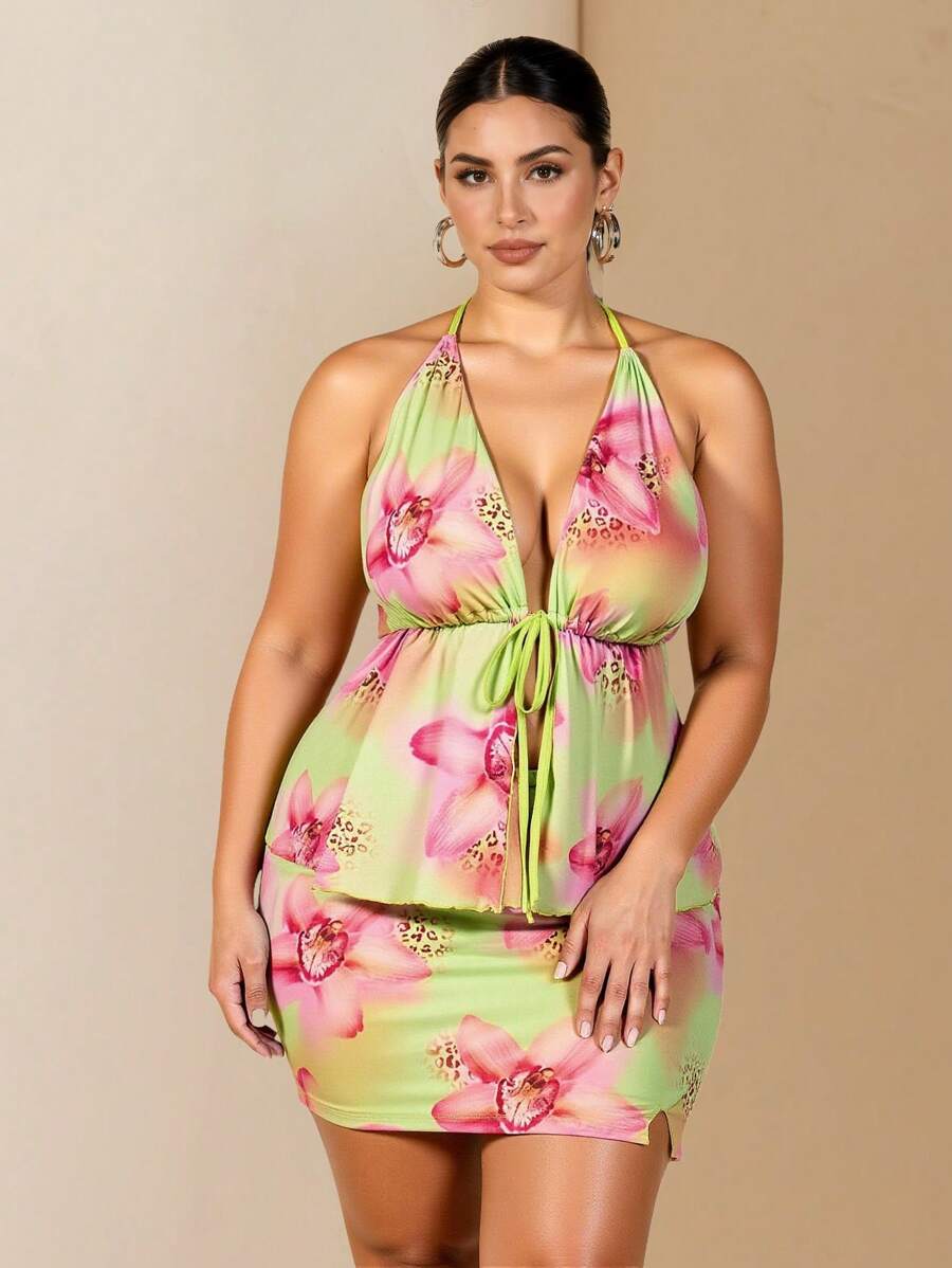 SHEIN BAE 大码女式花卉印花系带露背上衣和紧身迷你裙两件套，度假风格海岛度假装，返校女童服装，女童夏装，秋装，校服，万圣节，冬季，Y2k 服装，复古，度假装女士