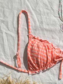 SHEIN Swim Mod Bộ bikini 2 mảnh vải họa tiết xếp nếp buộc nơ phía trước eo xếp ly dễ thương thời trang dự tiệc sinh động - Màu Cam san hô - Xem 8