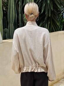 Livesso Women's High Collar Hem Drawstring Loose Regular Jacket Fall/Winter Women Coats - Beige - View 2