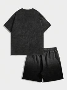 ROMWE MEN Casual 男士纯色圆领短袖T恤和口袋短裤套装 - 黑色 - 查看 3