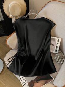 GlowEve Women's Solid Color Minimalist Casual V-Neck Tie Front Blouse - Black - View 2