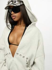 SUMWON WOMEN 超大羊毛连帽夹克拉链金属孔眼细节休闲街头时尚长袖冬季秋季时尚运动衫 - 灰色 - 查看 7