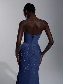Elitara 优雅奢华的浅蓝色缎面手工水钻装饰露肩美人鱼下摆礼服，适合约会、单身派对、庆典、舞会、正式场合、晚会、正式晚宴 - 藏蓝色 - 查看 4