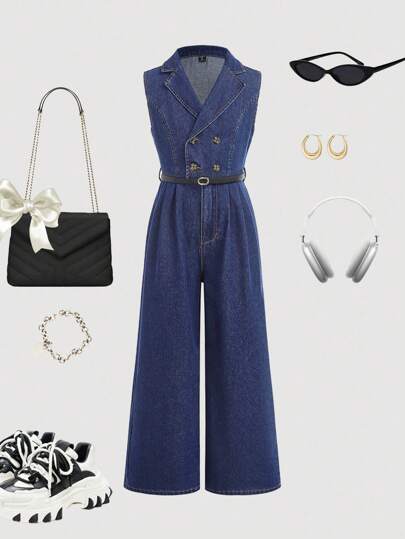 Girlism 青少年女孩休闲编织纯色圆领无袖牛仔连体裤（配腰带），适合日常旅行、户外、居家、早午餐、茶会、通勤、机场穿着，女孩秋季服装，儿童返校服装，工作/办公室商务休闲服，老款，商务休闲装