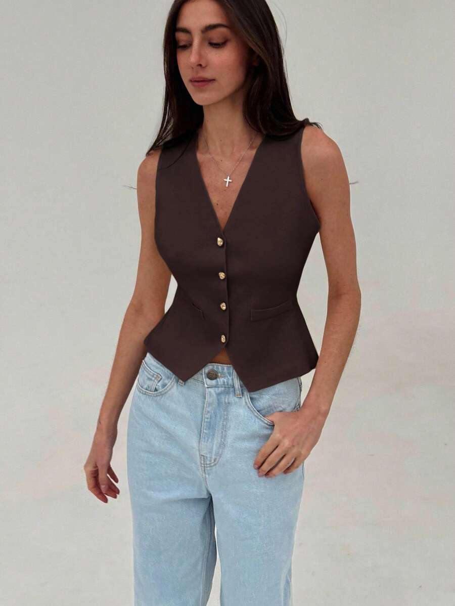 Aloruh Elegant V-Neck Solid Minimalist Autumn/Winter Knitted Vest With Modern Metal Buttons - Coffee Brown - View 1