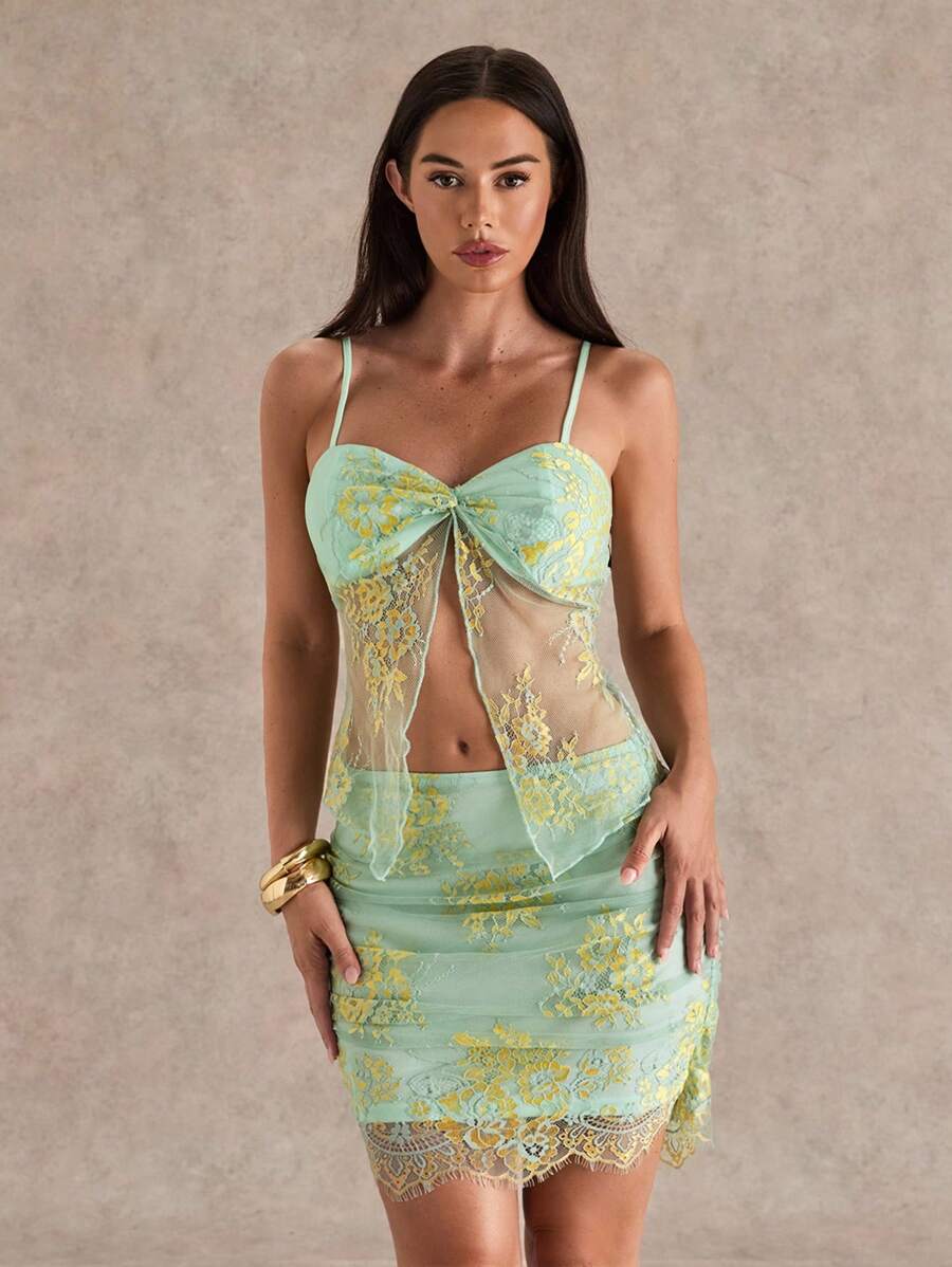 Glamine 2pcs/Set Women's Elegant Sexy Lace Twist Sling Crop Top And Slit Mini Skirt Set, Summer