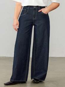 Dazy Plus Plus Size Women's Dark Wash Loose Straight Leg Long Jeans, All-Season