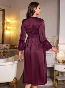 LuxeNights Lace Patchwork Deep V-Neck Sexy Waist Women's Silk-Like Nightgown Babydoll Luxe Loungewear Cozy And Elegant Details, Fall & Winter - Maroon - View 2