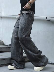 Manfinity EMRG Męskie jeansy retro z haftem w kolorze czarnym, luźne, z szerokimi nogawkami