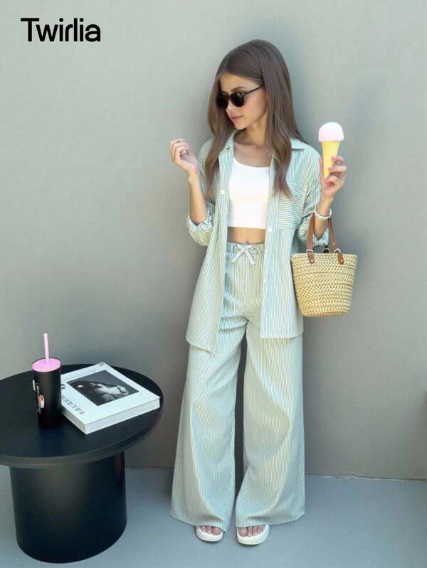 Tween Girls' Three Pieces Set, Street Cool Striped Long Sleeve Shirt, Pants, And Cami Top, Ideal For Spring And Fall Young Girls Sets Set Outfit, School, Campus, College