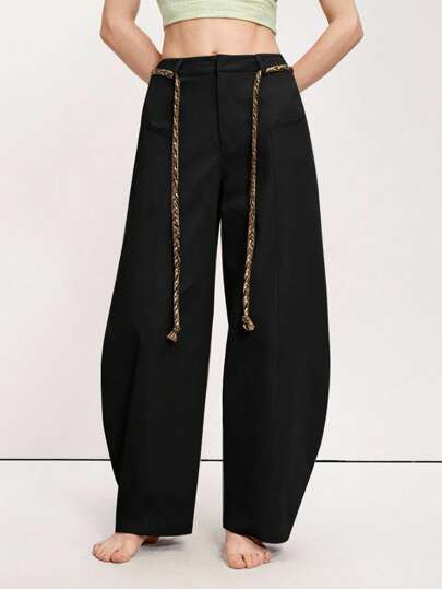 Arave Women's Casual Fashion Street Contrast Color Lace-Up Retro Barrel Leg Pants, Wide Leg Pants, Oversized Pants, Loose Pants, Tassel Pants, Balloon Pants Fall Women Clothes Fall Outfits Women Fall Autumn Clothes Casual Outfits Spring